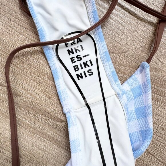 New Frankies Bikinis Divine String Bikini Bottoms Swim Gingham Blue Brown Large - Picture 4 of 9